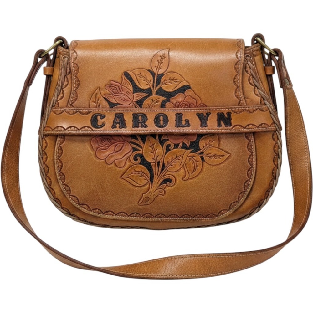 Vintage Western Hand-tooled Leather bag 1970s with Name/Carolyn/shoulder Strap
